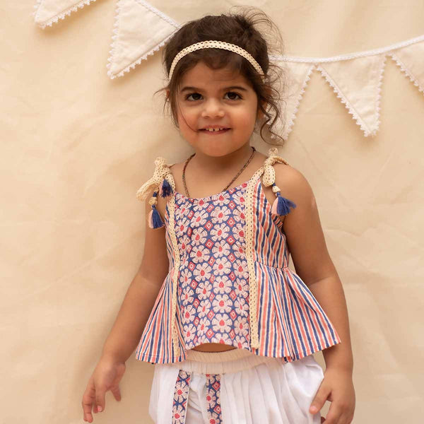 Organic Cotton Top with Dhoti for Girls | Blue & White