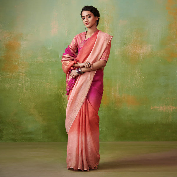 Pure Linen Saree | Festive Wear for Women | Pink and Peach Ombre