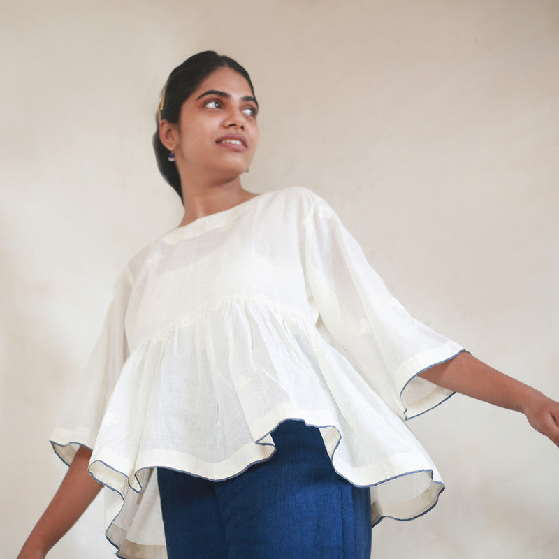 Handwoven Cotton Flared Top With Jamdani Butis | White