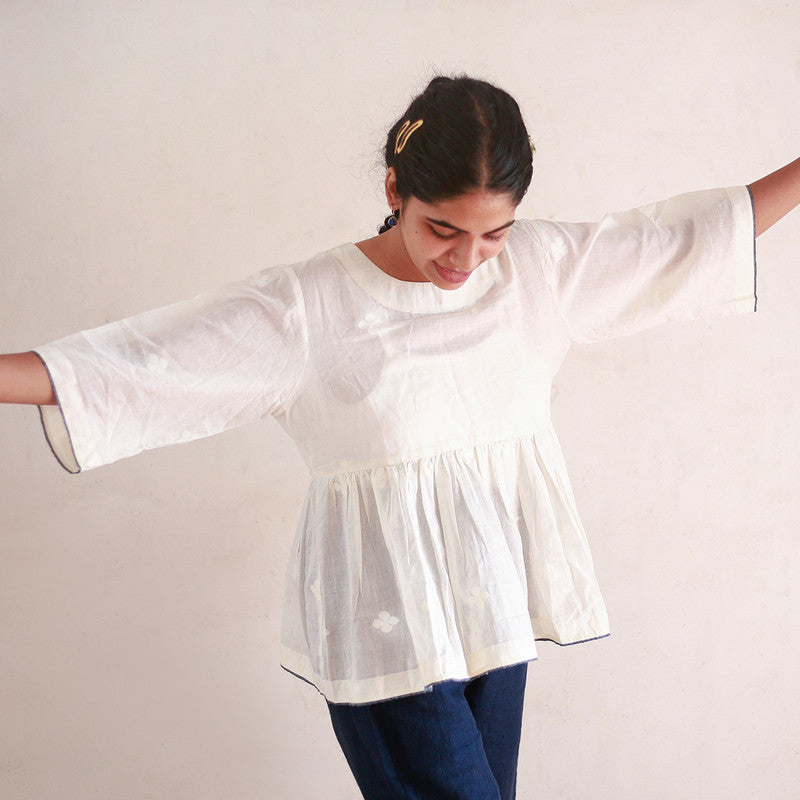 Handwoven Cotton Flared Top With Jamdani Butis | White