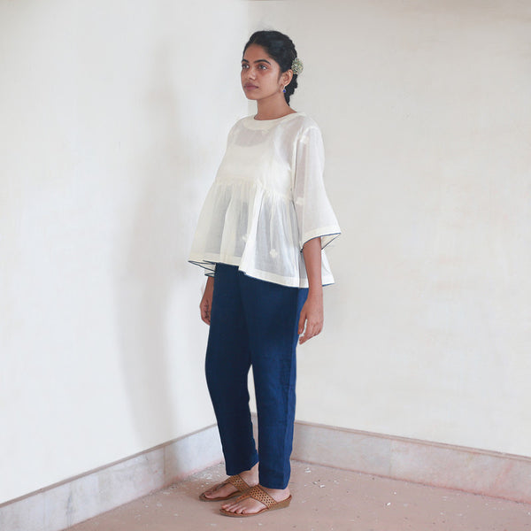 Handwoven Cotton Flared Top With Jamdani Butis | White