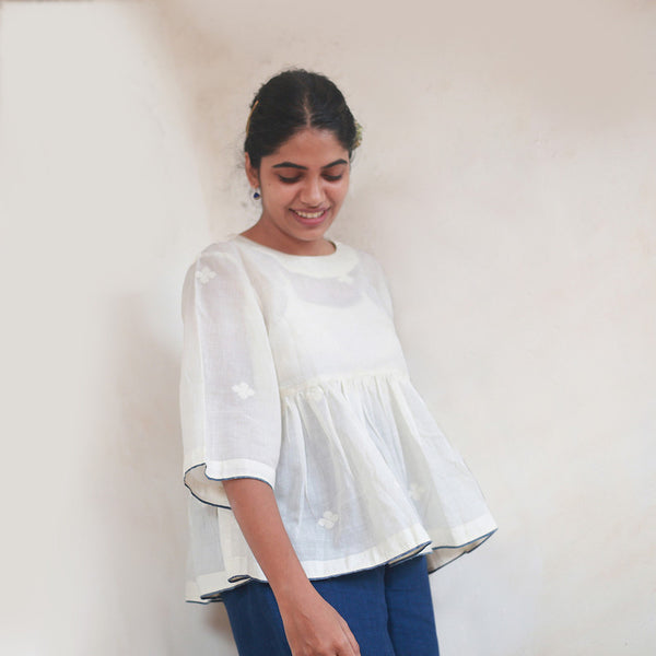 Handwoven Cotton Flared Top With Jamdani Butis | White