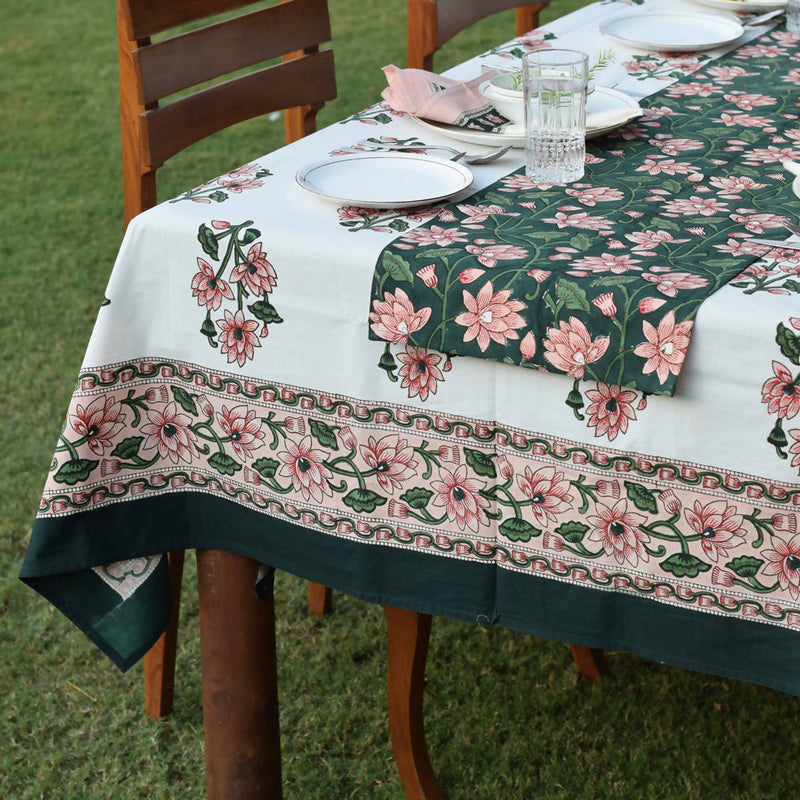 Handblock Printed |Cotton Table Cover | Pink & Green