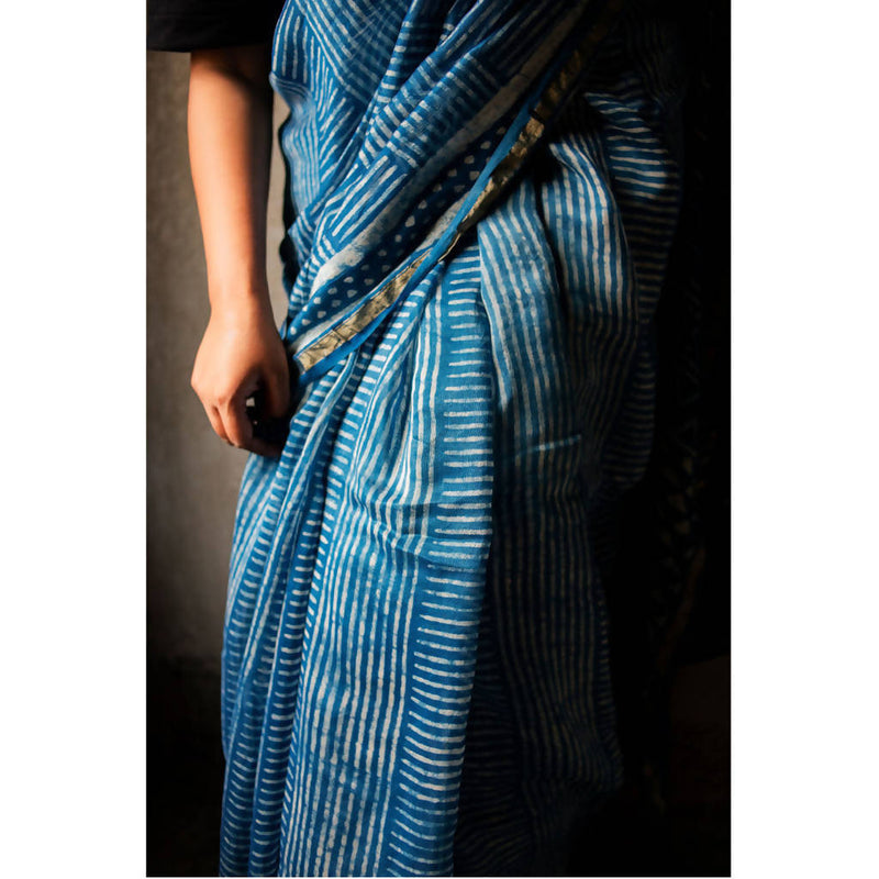 Festive Wear | Natural Dyed Blue Dabu Printed Chanderi Saree